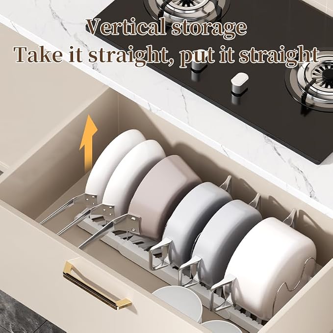 Expandable Pots and Pans Organizer Under Cabinet | 7 Stainless Steel Dividers, 13-22 inch Heavy Duty Pan Rack with Lid Holder, Pot Organizer Inside Cabinet for Kitchen Storage - Image 7