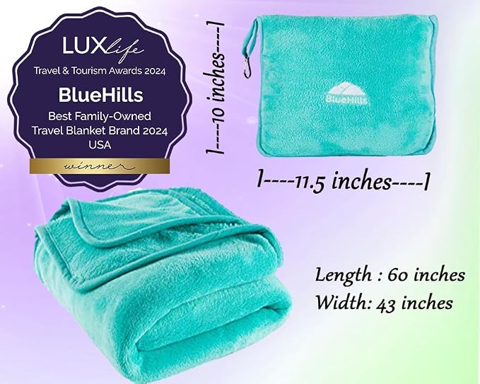 BlueHills Premium Soft Mini Plush Travel Blanket Value Pack Set of 2 - Airplane Travel Essential Flight Blanket Throw in a case Compact for Car Plane Travel Gift – Light Pink and Teal Green - Image 4