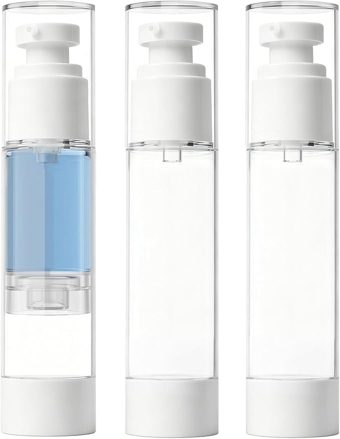 Clear Airless Pump Bottles, Vacuum Travel Cosmetic Containers | 1.7OZ/50ML 3Pack Lotion Dispenser Pump Bottles; For Cream, Foundation & Skincare Cosmetics; With Labels & Wooden Sticks by GIVITASOT