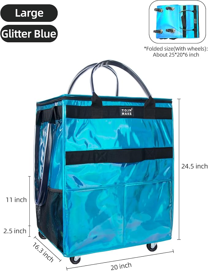 Reusable Grocery Bag with Wheels, Large Glitter Blue Rolling Tote | 8 Pockets, Zipper Cover, Foldable for Women, Kitchen, Travel, Carries Up to 76LBS - Image 2