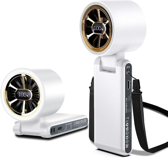 CAZOKASI Rechargeable Strong Wind Handheld Fan With Ambient Lighting 4 IN1 5000mAh Upto 22H For Desktop Waist Clip Neck (StrongWind/White) by CAZOKASI