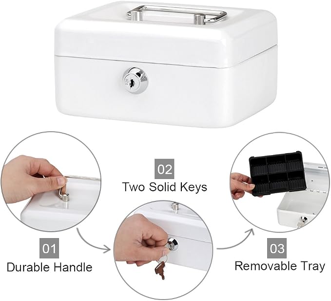 Decaller Small Cash Box with Key Lock, Double Layer Metal Money Box for Home Security, Portable Locking Box, 5.9" x 4.7" x 3.2", White - Image 4
