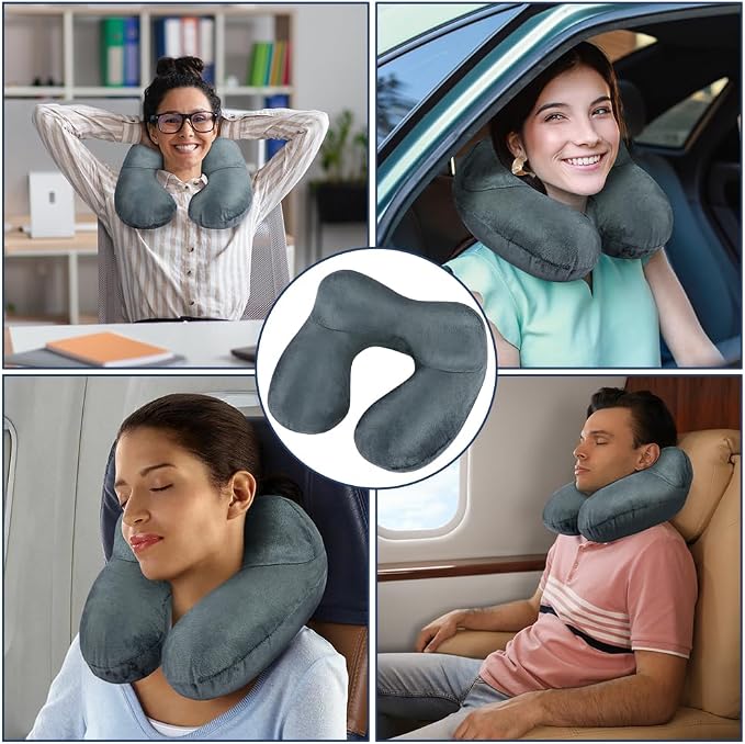 flintronic Inflatable Travel Pillow, Inflatable Travel Pillow for Airplane, Soft Velvet Neck Support, Lightweight Ergonomic Sleeping Neck Pillow for Airplane, Car, Train, Office, Camping (Grey) - Image 7