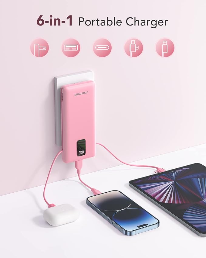 charmast Portable Charger with Built-in Cables and AC Wall Plug | 10000mAh Power Bank with 4 Outputs,USB-C & USB-A Battery Pack,Slim Travel Phone Charger for iPhone,iPad,Samsung,Android - Image 3