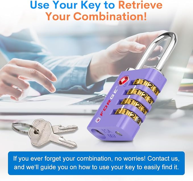 Forge Dual-Opening: Key or Combination Access Lock, TSA Approved Locks for Luggage, Pelican case, Travel, Gym, School, Stainless Steel Shackle. (Purple, 2 Pk) - Image 4