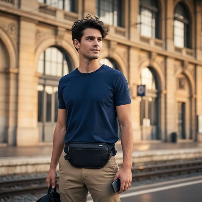 GOX Money Belt for Men Travel, Anti-Theft Hidden Waist Pack, RFID Secure Travel Belt for Men, Ultra-Thin Under-Clothes Passport Wallet with Documentry Safety & Money Holder (Black-L) - Image 2