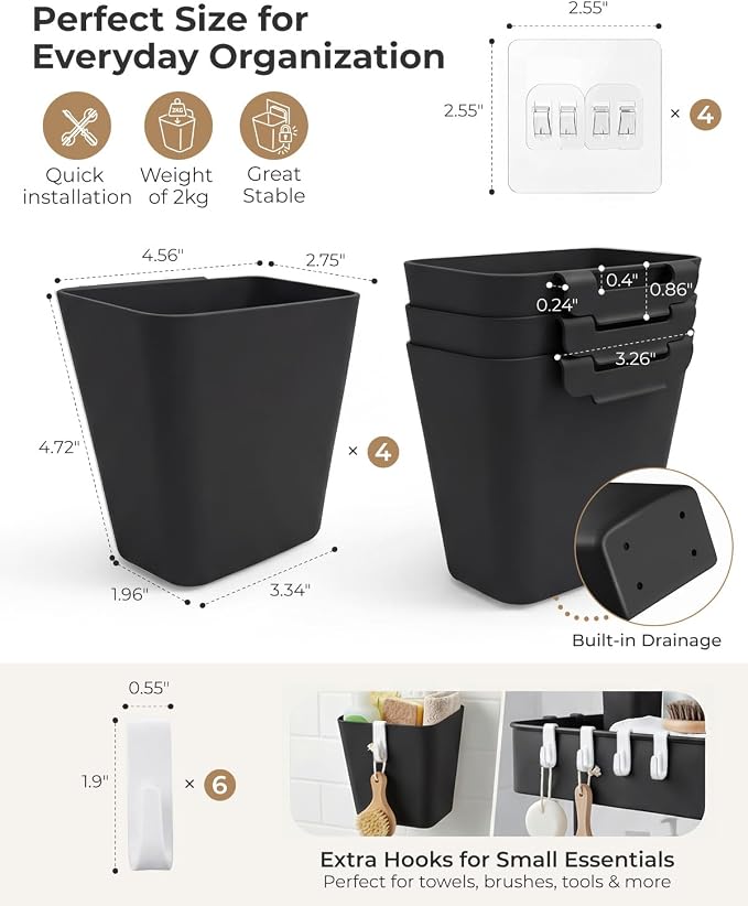 4 Pack Rolling Cart Accessories, Black Craft Cart Cup Holder and 6 Hooks for Utility Carts, Adhesive Kitchen Cabinet Door Storage, Space-Saving Wall Mount Organizer for Bathroom, Office, Makeup - Image 2