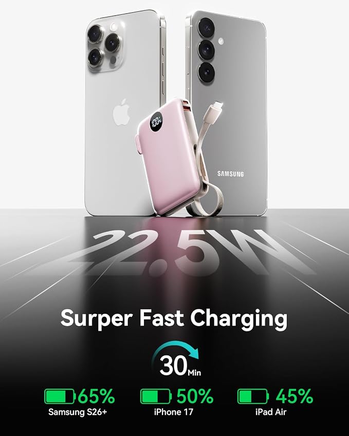 Portable Charger Power Bank 10000mAh, 45% Smaller Built-in Cables & AC Plug | Built-in Cables & AC Plug, 22.5W Fast Charging, 4-Device Charging, Travel Essential, for iPhone, iPad & Samsung Galaxy, Pink - Image 8