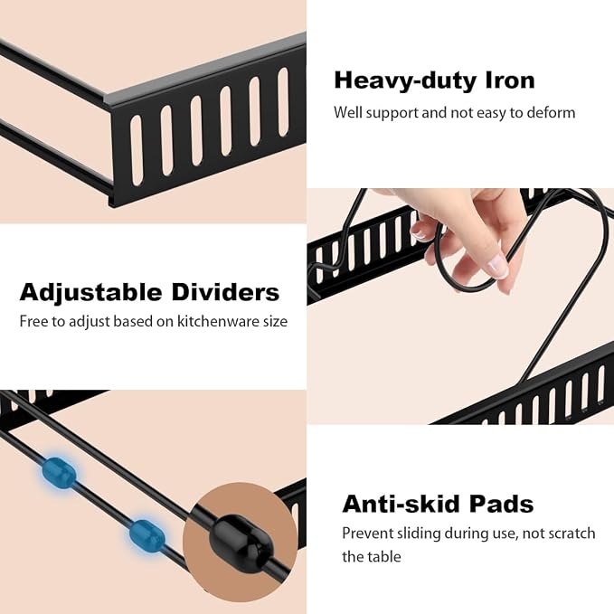 Housolution Pot and Pan Lid Organizer Holder Storage Rack, Black | 7 Adjustable Dividers, Sturdy Metal Construction, Easy Assembly - Image 3