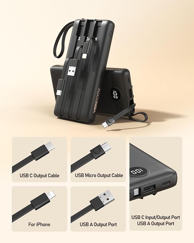 VEEKTOMX 10000mAh Portable Charger with 4 Built-in Cables | Slim Power Bank, USB-C Battery Pack with iPhone & Micro USB, TSA Approved Travel Charger for iPhone, Samsung, Android, Black - Image 6