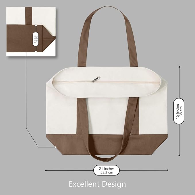 TOPDesign 1-Pack Canvas Tote Bag with an External Pocket, Reusable Grocery Shopping Bag, Top Zipper Closure, Daily Essentials (Brown/Natural) - Image 5