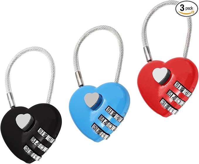 3 Pack Mini Padlock Heart Code Lock 3-Digit Combination | For Boxes/Suitcase/Travel Bags, Red/Blue/Black by Cionyce