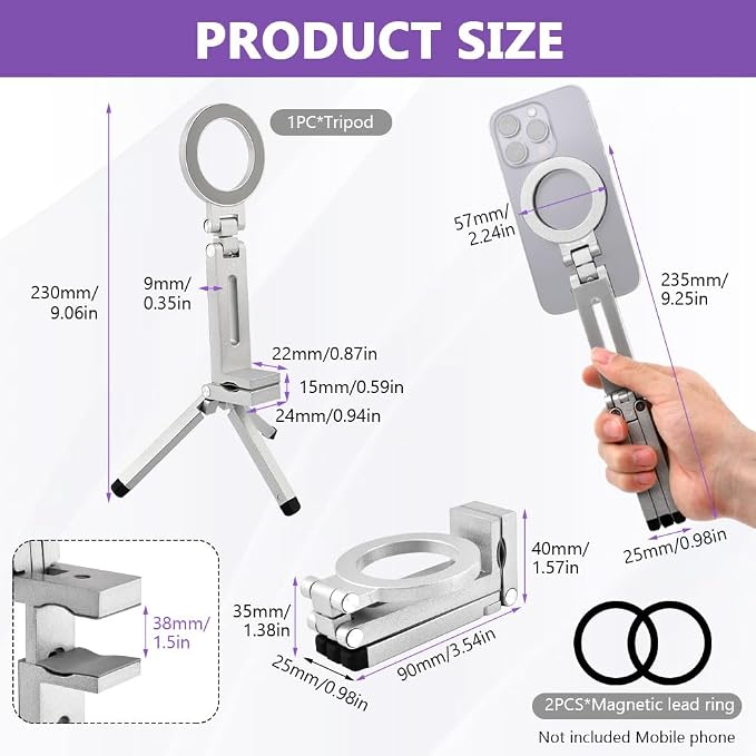 Magnetic Tripod for Phone,360° Rotating Phone Tripod Stand,Adjustable,Clipable,Foldable and Triangular Fixing Airplane Travel Essentials Phones Holder for Phones(Silver,Size:19 * 16cm) - Image 2