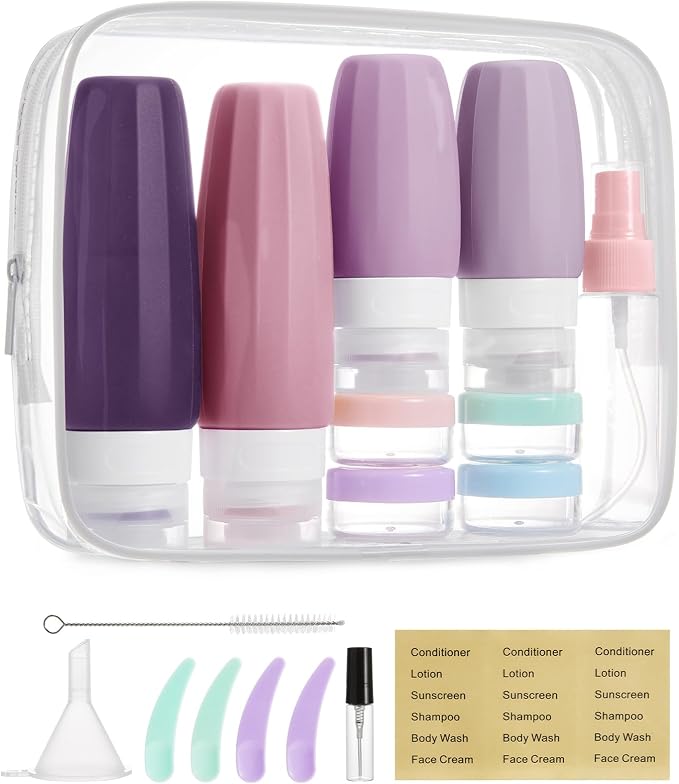 BAGSMART 18 Pack TSA Approved Travel Bottles for Toiletries, Leak Proof Silicone Travel Size Containers Bottles for Shampoo, Purple by BAGSMART
