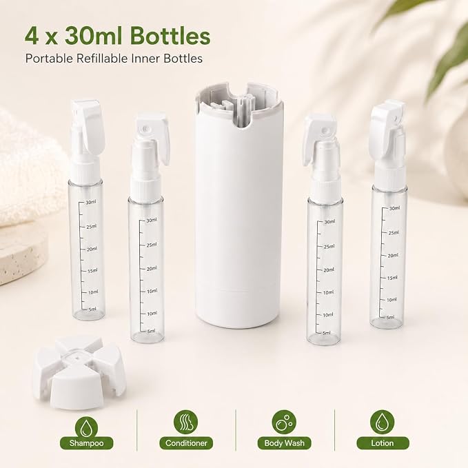 4-in-1 Detachable Travel Dispenser Bottles Set Foldable Pump Leak-Proof, Carry-On Compliant 30ml/1OZ Refillable Containers for Shampoo Lotion Body Wash with Protective Case - Image 4