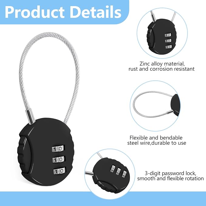 448 Pack 3 Digit Combination Cable Padlock,Black | Resettable for Gym Locker Luggage Backpack, Waterproof Outdoor Security, Small Combo Lock for Travel School Storage - Image 3