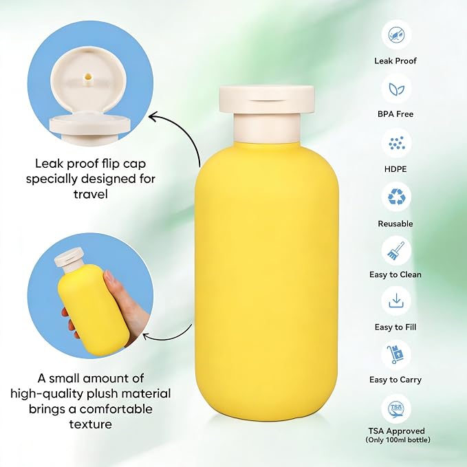 DEMORA 6.6oz Travel Bottles for Toiletries, Larger Plastic Travel Squeeze Bottles Leak Proof Refillable Toiletry Containers with Flip Caps and Labels for Shampoo Conditioner Lotion (Yellow, 4 Pcs) - Image 3