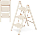 3 Step Ladder, Foldable Step Stool with Wide Anti-Slip Pedal | Portable, Sturdy Carbon Steel, 330LBS Capacity, Easy Storage, Space Saving, for Kitchen, Closet, Cream Chocolate by GameGem