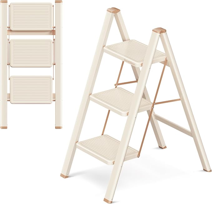 3 Step Ladder, Foldable Step Stool with Wide Anti-Slip Pedal | Portable, Sturdy Carbon Steel, 330LBS Capacity, Easy Storage, Space Saving, for Kitchen, Closet, Cream Chocolate by GameGem