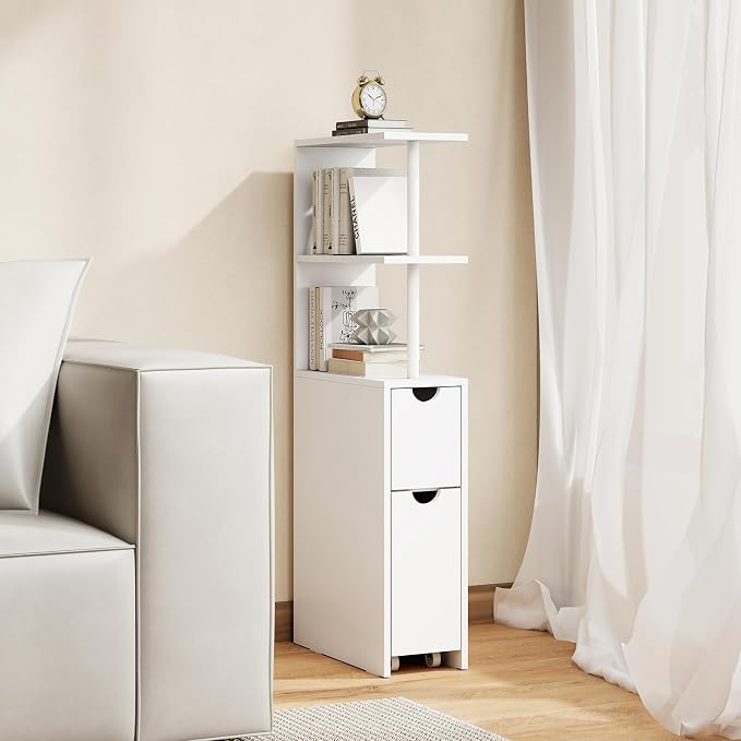GIANTEX Slim Storage Cabinet, Narrow Freestanding Bathroom Organizer with Open Shelves, Pull-Out Drawer and Slide-Out Cart, Space-Saving Wooden Floor Cabinet for Entryway, Living Room and Kitchen - Image 9