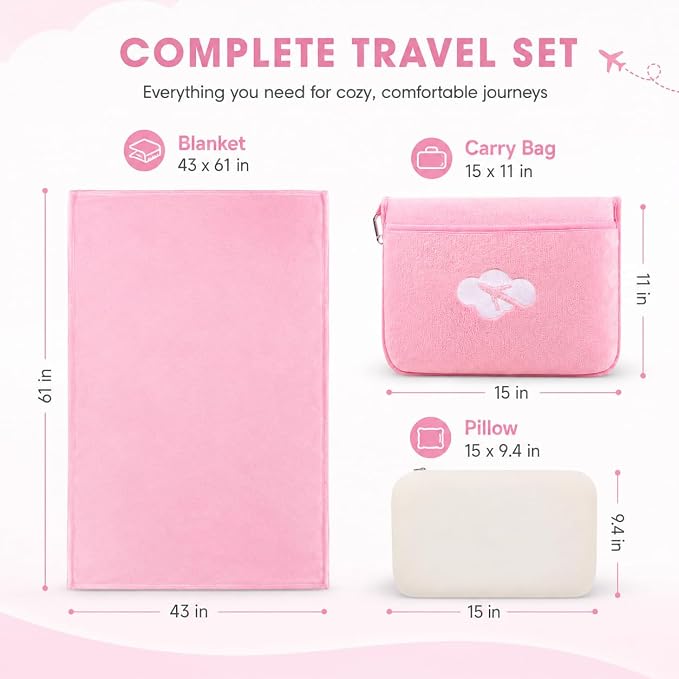 Blanket Pillow for Airplane Travel Essentials -3 In 1 Plane Travel Set Pink | Memory Foam, Compact with Bag, Fleece Soft for Long Flight Traveling Car Road Trip Flying Accessories, for Adult Women - Image 2