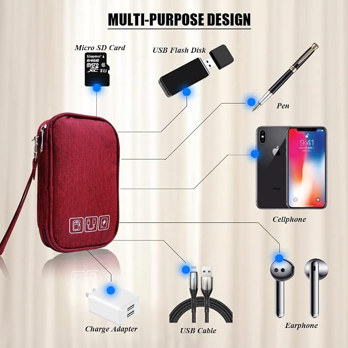 Electronic Organizer Bag Cable Organizer Travel Cord Organizer Case Pouch Portable Carrying Case for Charger Hard Drive Earphone USB SD Card (Red) - Image 6