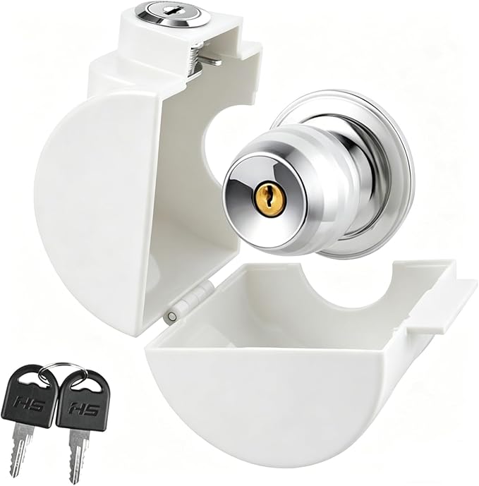 Door Knob Lock-Out Device – Prevents Turning of Door Knob and Access to Keyhole, Can be Used for Home Rentals,Evictions,Job Sites & More – Keyed Alike,ChildProof knob Lock Cover,White（1 Pack） by PKLIYH