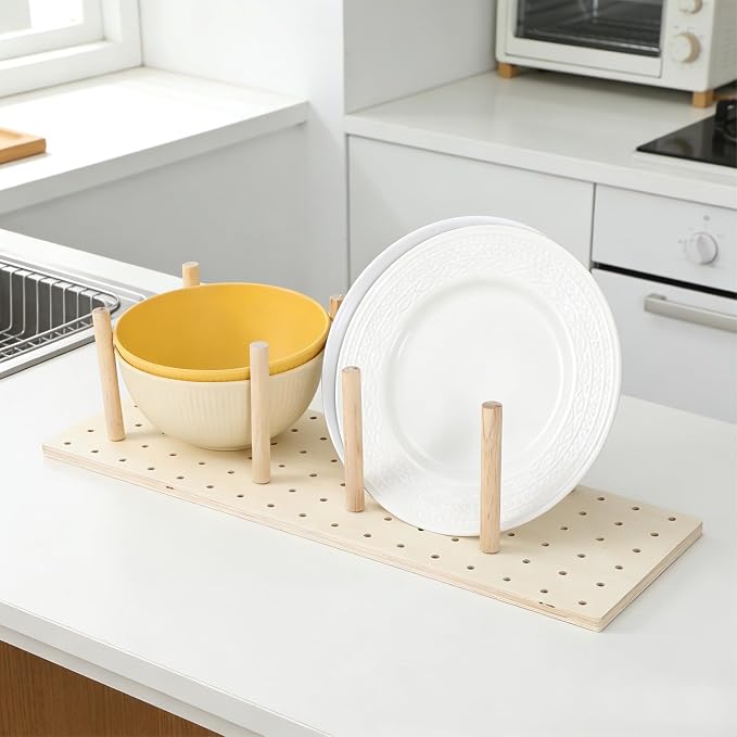 3-Pack Wood Pegboard Drawer Organizer with 24 Adjustable Pegs – Customizable Kitchen Drawer Plate & Utensil Organizer, Natural Wood - Image 5