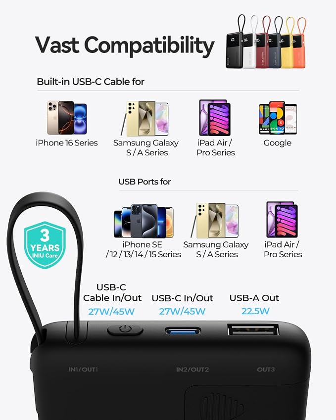 INIU 10000mAh Portable Charger, Smaller 45W Fast Charging Travel Power Bank | Flight-Safe for Travel, Built in USB C Cable, LED Display, Battery Pack for iPhone 17 16 Pro, Samsung S26, iPad etc, White - Image 7