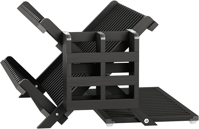 Greenual Black Bamboo Dish Drying Rack with Utensil Holder, 3 Tier Collapsible Dish Rack, Wooden Dish Racks for Kitchen Counter, Large Folding Drying Holder with Absorbent Dish Drying Mat - Image 7