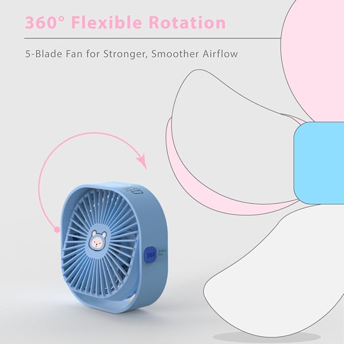 Small Desk Fan, 3 Speed Settings, USB Table Fans for Bedroon, Home/Office/Dorm, Quiet, Cute Mini Fan for Kids, Indoor/Outdoor, F101 (Blue Bear) - Image 4
