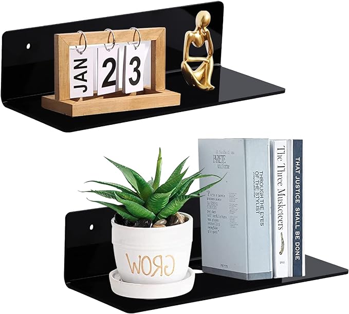 9 Inch Acrylic Floating Shelf No Drill Adhesive Wall Shelf Set of 2 for Funko Pop Storage, Floating Shelves Damage-Free Expand Wall Space for Living Room, Bathroom, Gaming Room, Office - Black by LUIUM