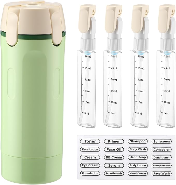 4 in 1 Travel Dispenser with 4 Pack 30ml Travel Bottles and Label Refillable & Leak Proof Portable Toiletry Containers with Locks for Shampoo Lotion Conditioner Cream(Green) by Domensi