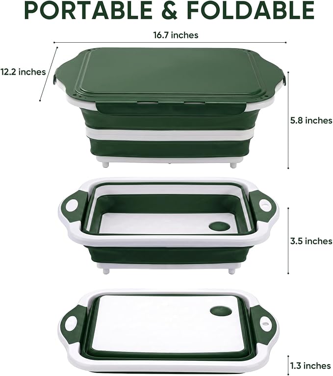 Collapsible BBQ Prep Tub with Lid, Foldable Camping Sink with Colander, Cutting Board, Dish Basin for Kitchen, Bowl, Vegetable and Fruit, Storage Basket for Picnic-Green - Image 4