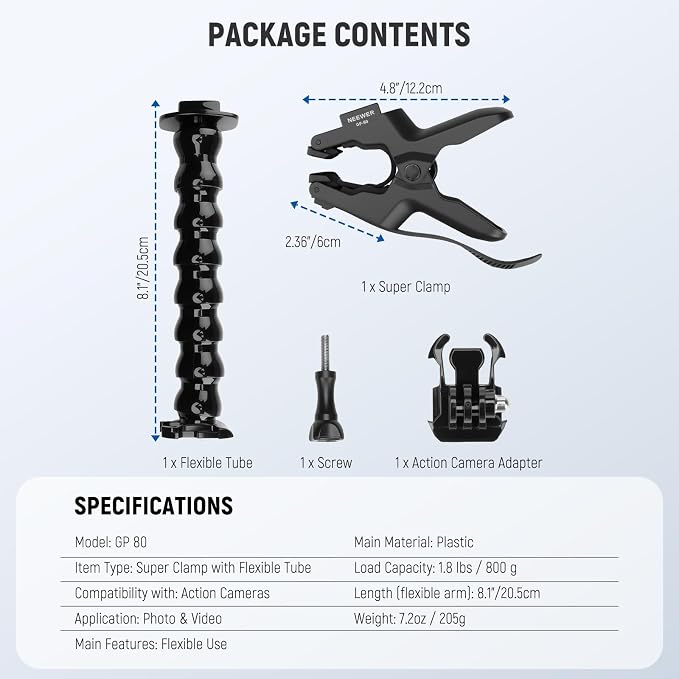 NEEWER Flexible Clamp Mount Compatible with GoPro DJI Action Cameras, GP-80 | Compatible with DJI Action 6 Osmo 360 Insta360 X5/4/3 AcePro series, Jaw Flex Super Clamp Holder Mount Accessories for Video - Image 8