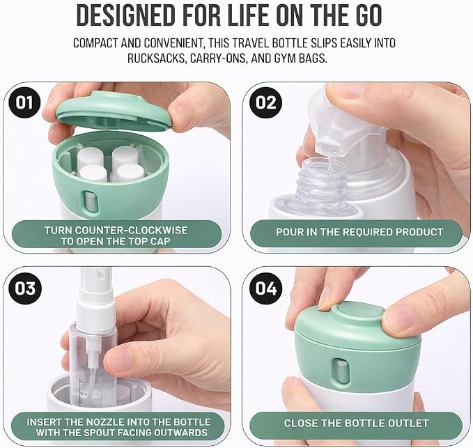 Travigo 4-in-1 Travel Dispenser Bottle, TSA Approved, Leak Proof, Four Reusable 1.4 oz. (40 mL) Toiletry Containers for Shampoo, Conditioner, Soap, Lotion, Skincare (Green) - Image 4