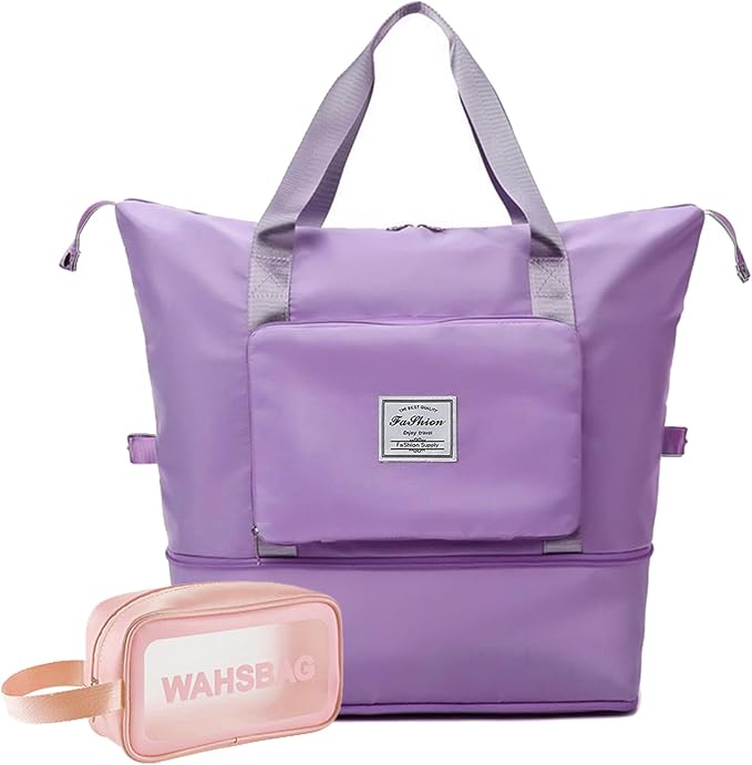 Large Capacity Travel Bag, Foldable Travel Bag, Expandable Duffel Bag, Collapsible Waterproof Large Capacity Handbag, Overnight Bags for Women and Man(Light Purple+Toiletry Bag) by DOJUNS