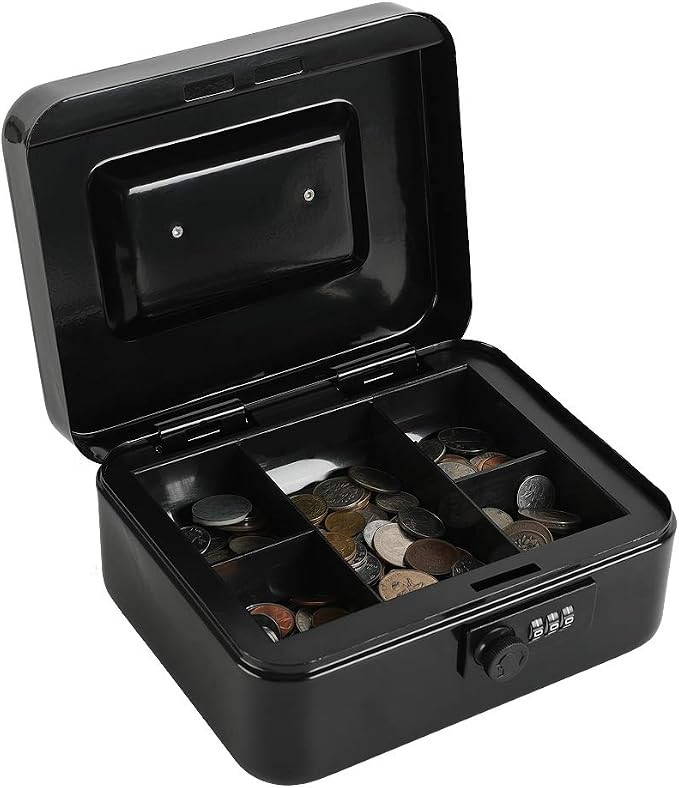 xydled Steel Cash Box Safe with Combination Lock,Money Safe Box with Removable Coin Tray,Medium,7.87"x 6.30"x 3.54",Black - Image 4
