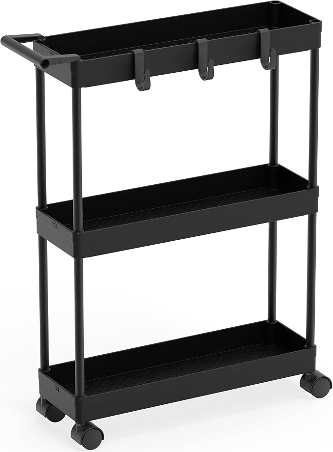 Simple Houseware 3-Tier Slim Rolling Cart w/Handle 5.5" Wx27.5 H, Black | Storage Cart for Narrow Space (5.5-Inch Wide) Kitchen, Bathroom, Laundry Room by SimpleHouseware