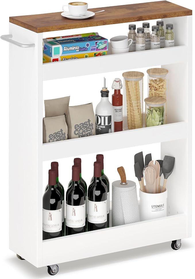 TEAMIX Wood 4-Tier Slim Rolling Storage Cart, 7.9"W, 24.8"D, 36.7"H, White | Height Adjustable, 360°Swivel Wheels, Deeper & Taller, Use as Narrow Kitchen Cart, Laundry Organizer Between Washer & Dryer by TEAMIX