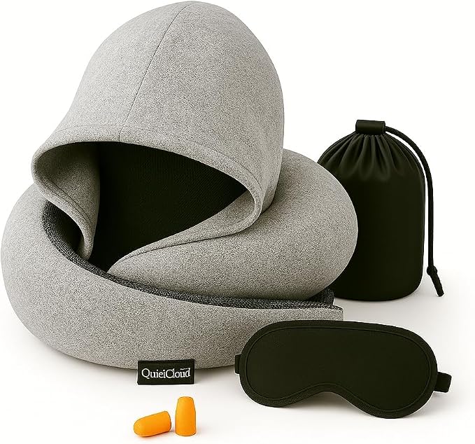 Travel Neck Pillow Hooded Memory Foam 360° Head & Chin Support, Lightweight Breathable Adjustable Fit Travel Neck Pillow with Eye Mask, Earplugs & Carry Bag for Airplanes, Car, Bus, Train & Long Trips by Unknown