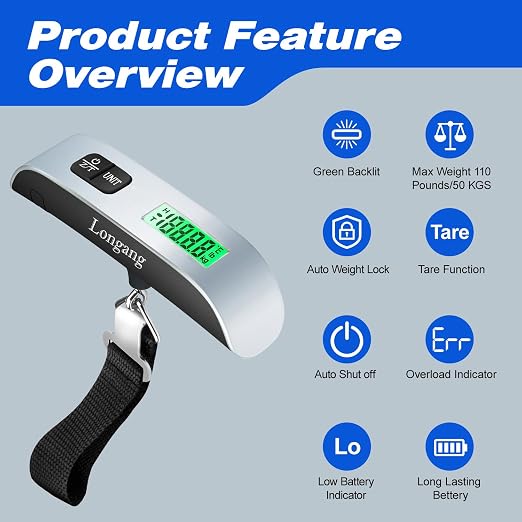 Digital Hanging Luggage Scale with Backlit for Travel, Portable Handheld Suitcase Weight Scale with Hook, 110 Pounds, Battery Included - Image 2