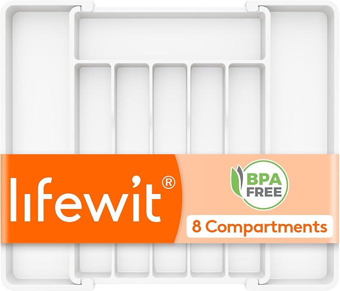 Lifewit Expandable Silverware Drawer Organizer, Kitchen Utensil Tray | BPA-free Plastic Flatware Cutlery Holder, Space-Saving Storage for Spoons Forks Knives, 11-18 x 14 x 1.5“, White by Lifewit
