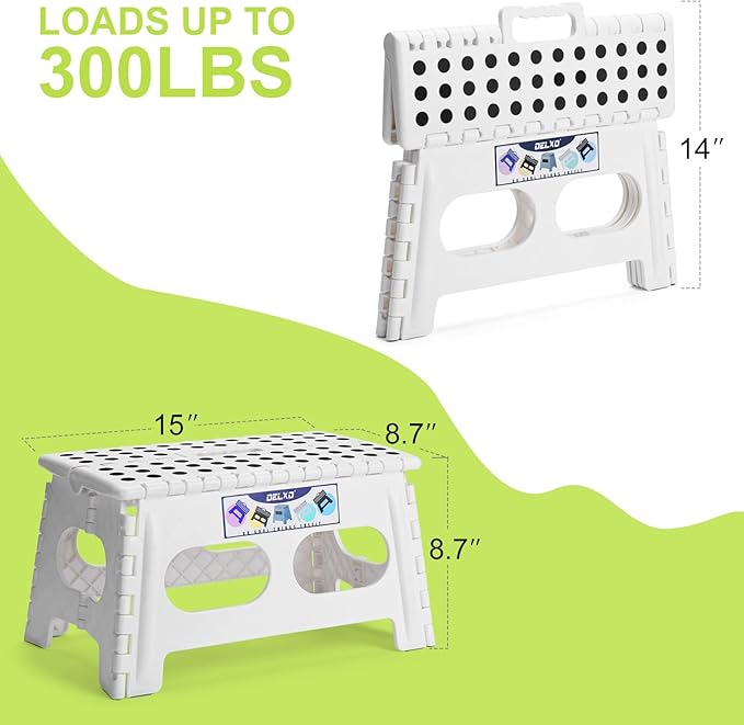 Delxo Folding Step Stool 9 inch,300Lbs Extra Wide Step Stool for Kids | Foldable Step Stool,15-Inch Extra Wide Non-Slip Foot Stools with Handle,Lightweight for Kitchen,Bathroom,Bedroom,Garden White - Image 5