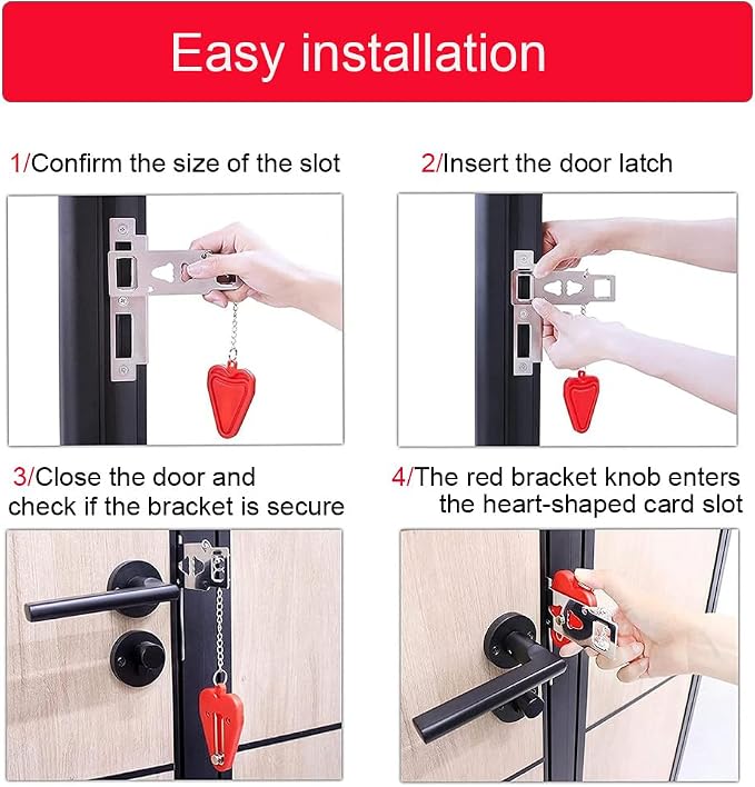 Portable Door Lock, No-Drill Security Lock, Home Door Lock Kit, Lightweight Anti-Theft Latch Protect Family Security and Privacy Fou Traveling, Bedroom, Hotel, Apartment(Balck) - Image 3