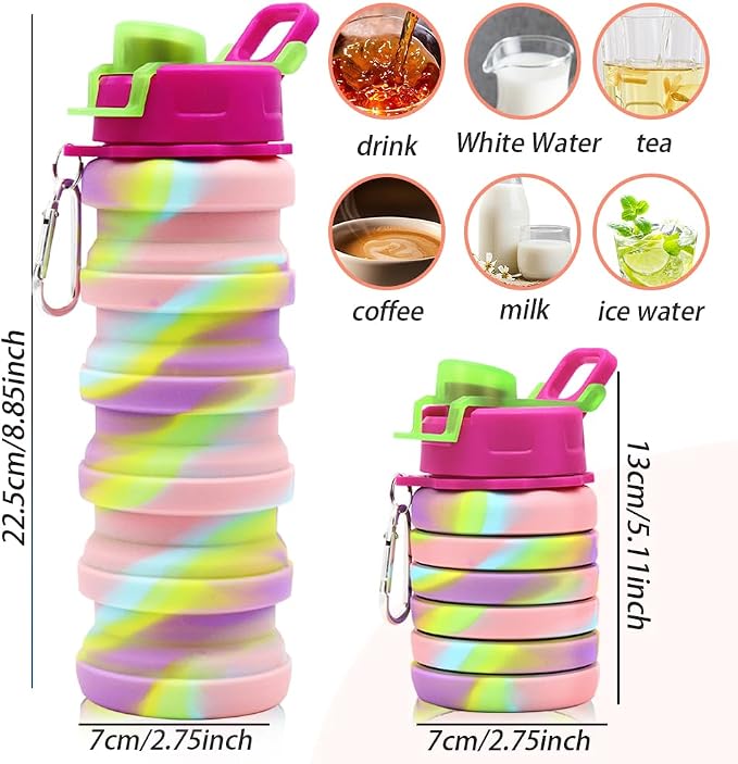 Silicone Collapsible Water Bottles, 16oz 500ml Portable Foldable Expandable Water Bottle Sports Cups, Leak Proof Reusable BPA Free, for Outdoor Activities Travel(Pink-B) - Image 2