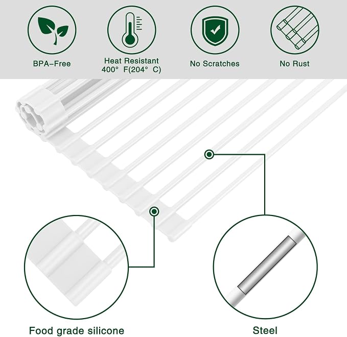 HANZENMA Roll Up Dish Drying Rack Over The Sink Kitchen Roll Up Sink Drying Rack Multipurpose Foldable Sink Drying Mat, Heat-Resistant, Anti-Slip & Anti-Rust Dish Rack for Kitchen, 20.5" x 13", White - Image 5