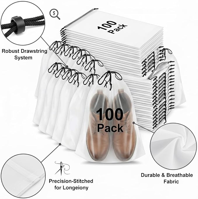 100 Pack Travel Shoe Bags, Waterproof Clear Shoe Storage Bags with Drawstring, Large Portable Shoe Organizer for Packing, 15.7 x 11.8 Inch Travel Essentials for Women and Men (Translucent) - Image 3