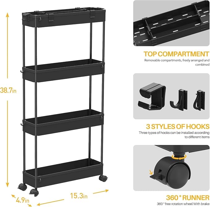 2-piece Set Slim Storage Cart 3 Tier,Bathroom Organizer Rolling Utility,Mobile Shelving Unit Slide Out for Office, Kitchen, Laundry Room & Narrow Places - Image 2