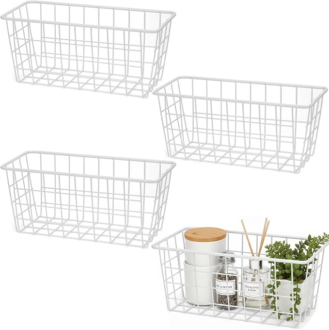 LeleCAT Hanging Kitchen Baskets For Storage Adhesive Sturdy Small Wire Storage Baskets No Drilling Wall Mounted Kitchen Food Pantry Bathroom Shelf Storage, 4 PACK,White by HomeSpaceStorageBasket